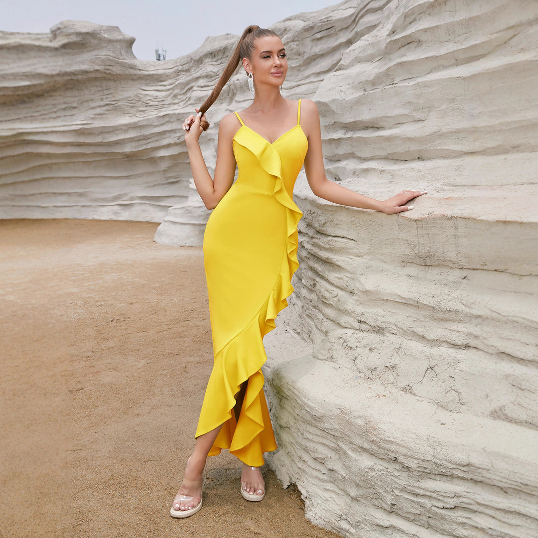 Damen Sexy Maxikleid mit Rüschen und hohem Schlitz Drune