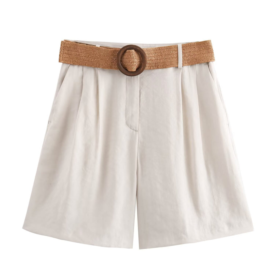 Damen elegante Shorts mit breitem, geflochtenem Gürtel Drune