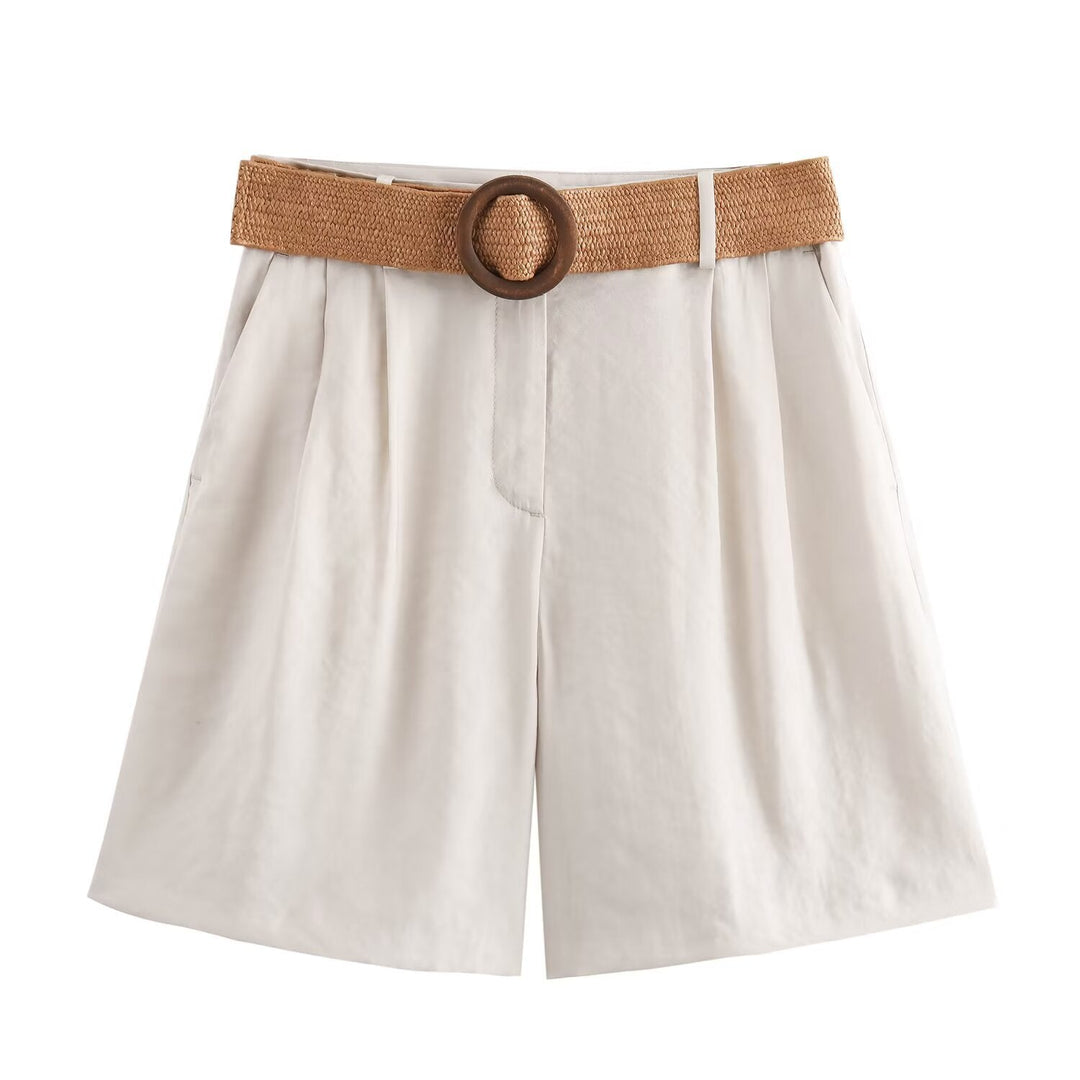 Damen elegante Shorts mit breitem, geflochtenem Gürtel Drune