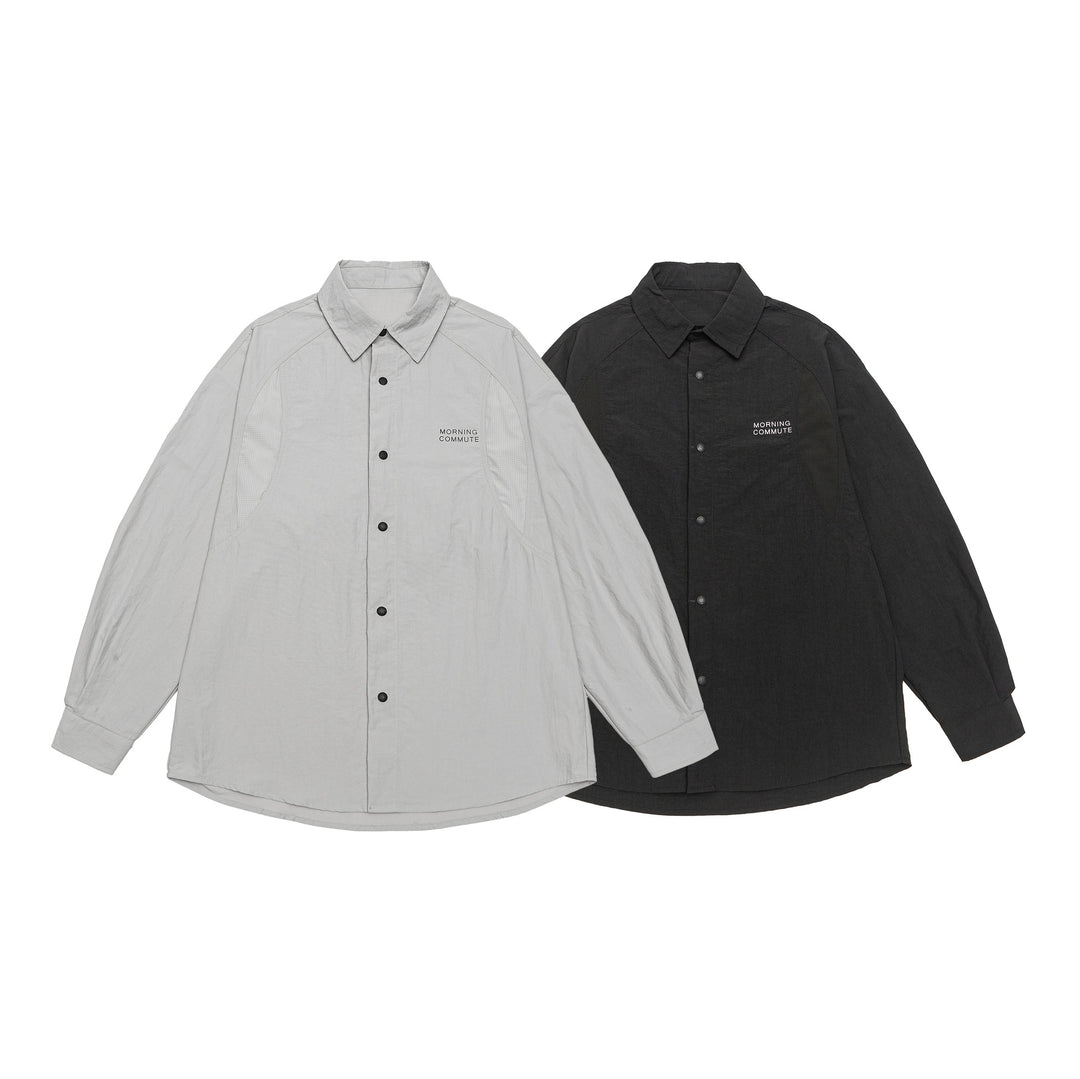 Unisex Leichtes Overshirt im Coach-Stil mit Hemdkragen und Brustprint Drune
