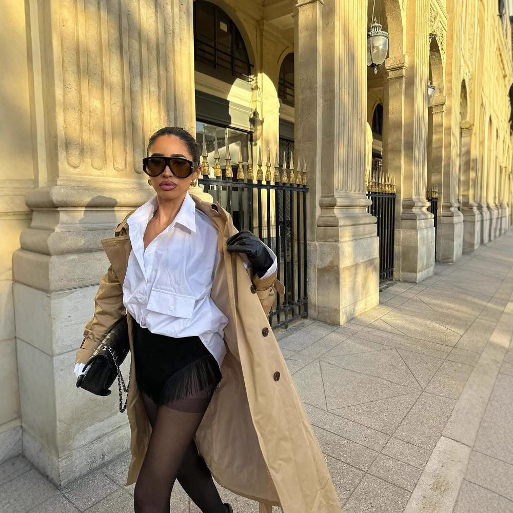 Damen stilvolle Trenchcoat mit praktischen Taschen und Gürtel Drune