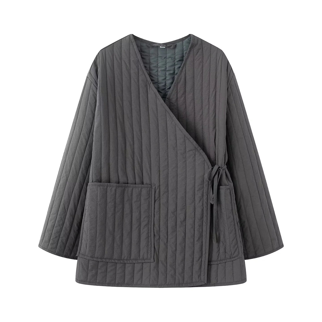 Damen nan gesteppter Kimono-Wickel-Loungewear-Set mit weiter Bundhose Drune