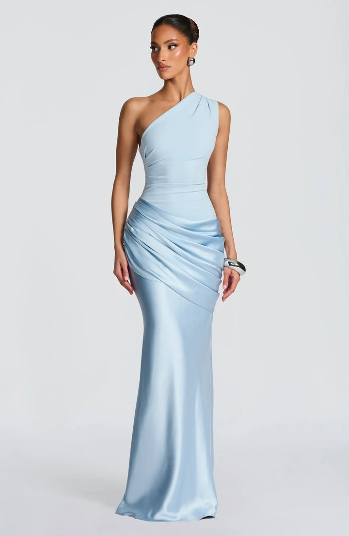 Damen elegantes asymmetrisches Satin-Abendkleid mit Drapé-Design Drune
