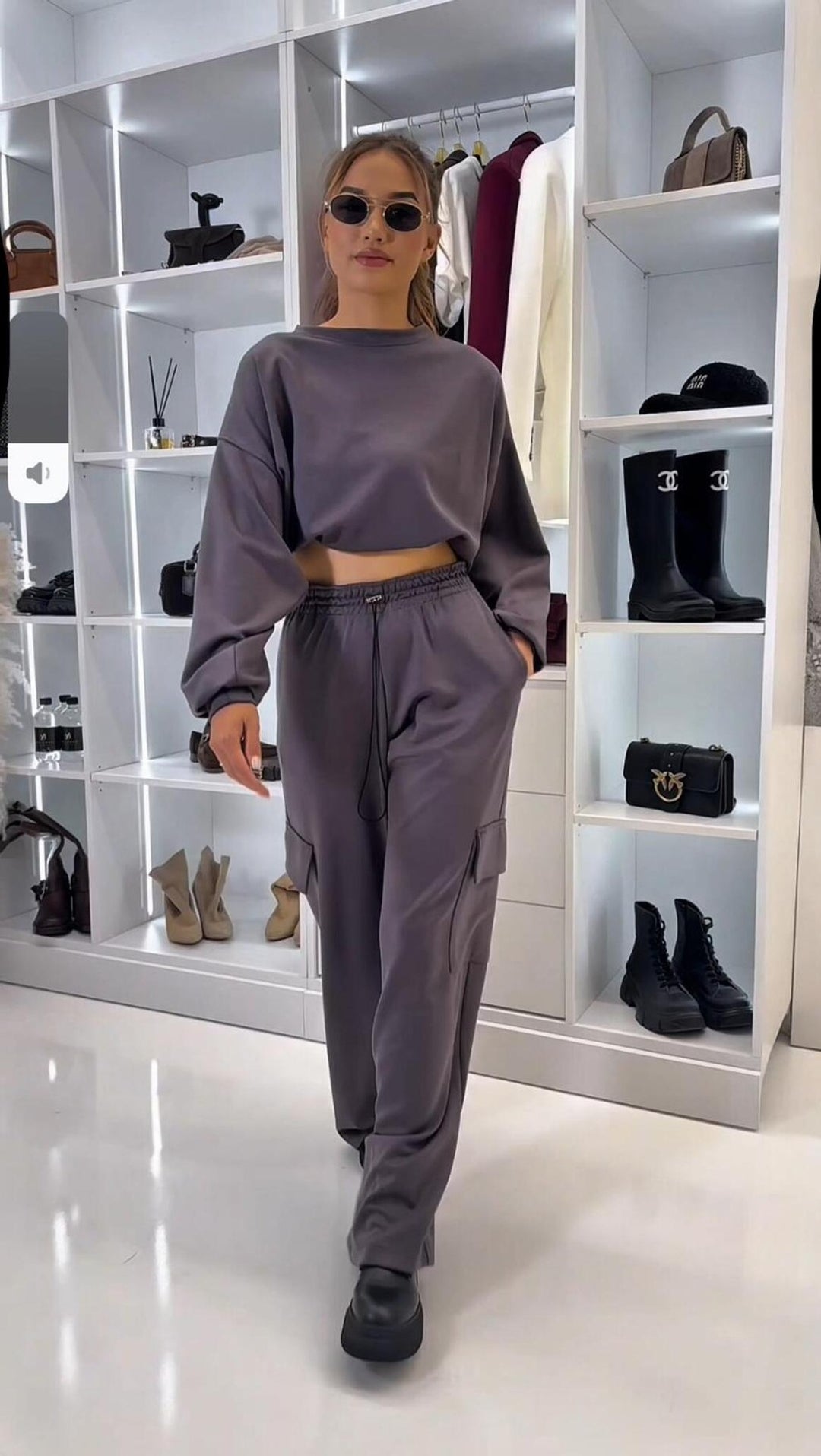 Damen kurzes Oversize-Sweatshirt mit weitem Cargo-Hose Lounge-Set Drune