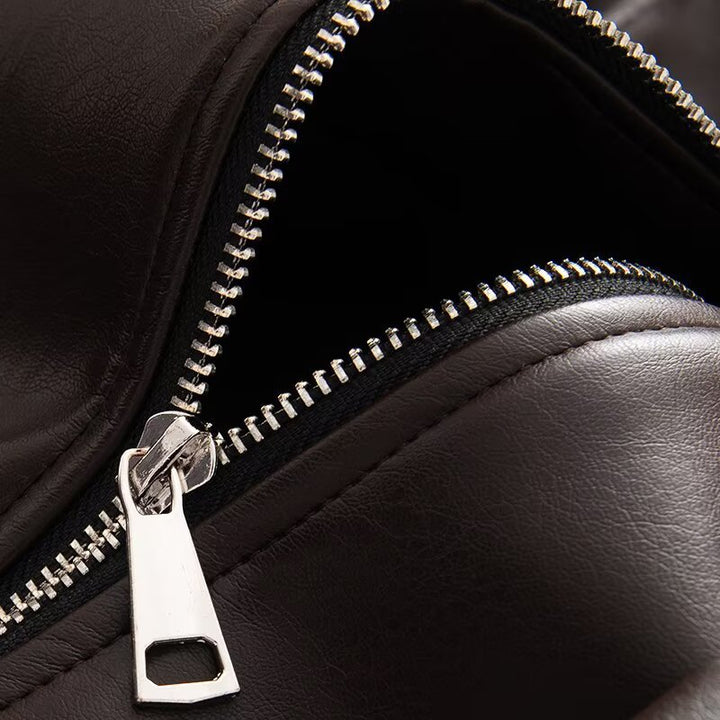 Damen Oversize Kunstleder-Bomberjacke mit Utility-Taschen, hohem Kragen und elastischem Saum Drune
