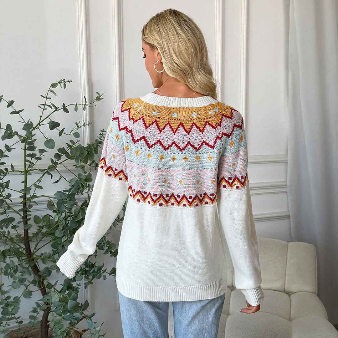 Damen Gemusterter Strickpullover mit Rundhalsausschnitt und Fair-Isle-Motiv Drune