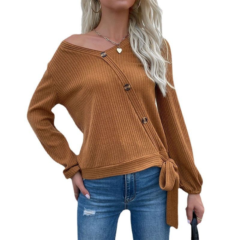 Damen Gerippte Wickel-Strickjacke mit V-Ausschnitt und seitlichem Knotendetail Drune