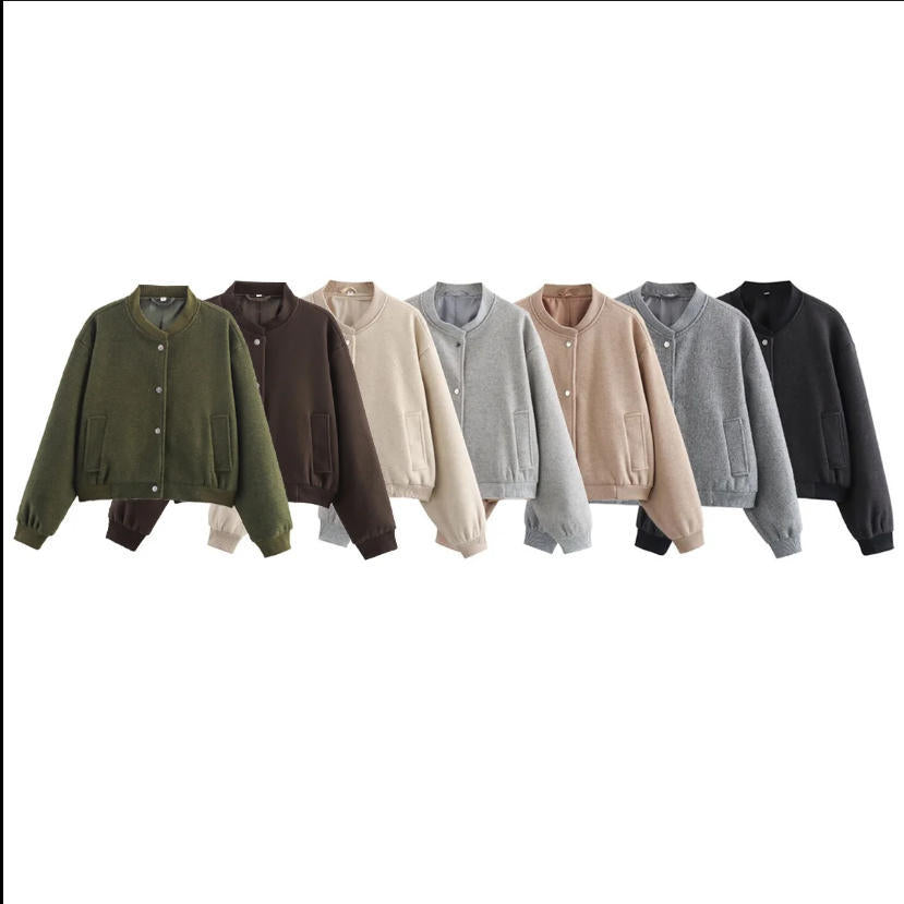 Damen 70+ kurze Wollmix‑Blousonjacke mit Reißverschluss, Hemdkragen und Pattentaschen Drune