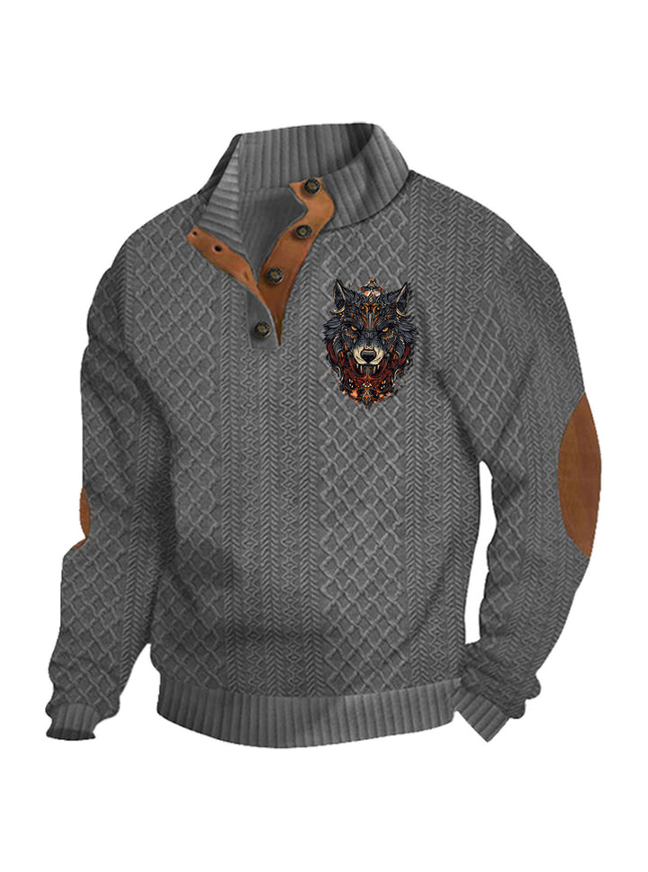 Herren nan Heritage-Strukturpullover mit Stehkragen Lederimitat-Besatz Ellenbogen-Patches und Halbknopfleiste Drune