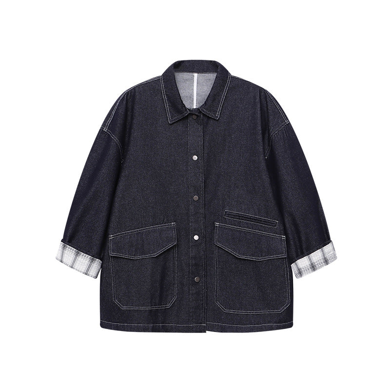 Damen lässige Jeansjacke im Vintage-Stil mit aufgesetzten Taschen und Druckknöpfen Drune