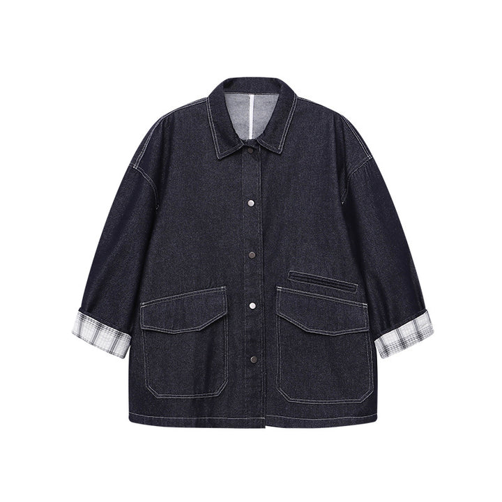 Damen lässige Jeansjacke im Vintage-Stil mit aufgesetzten Taschen und Druckknöpfen Drune