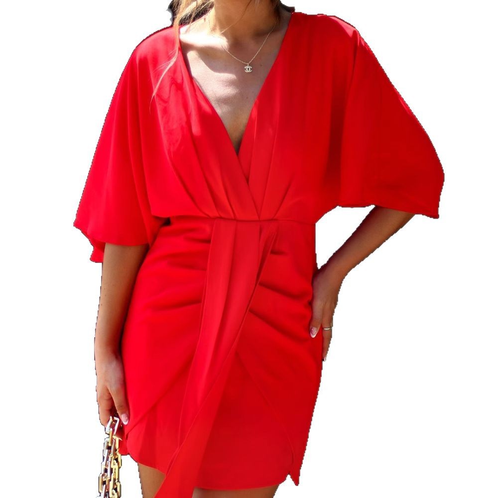 Damen Wickelkleid mit V-Ausschnitt und voluminösen Ärmeln Drune