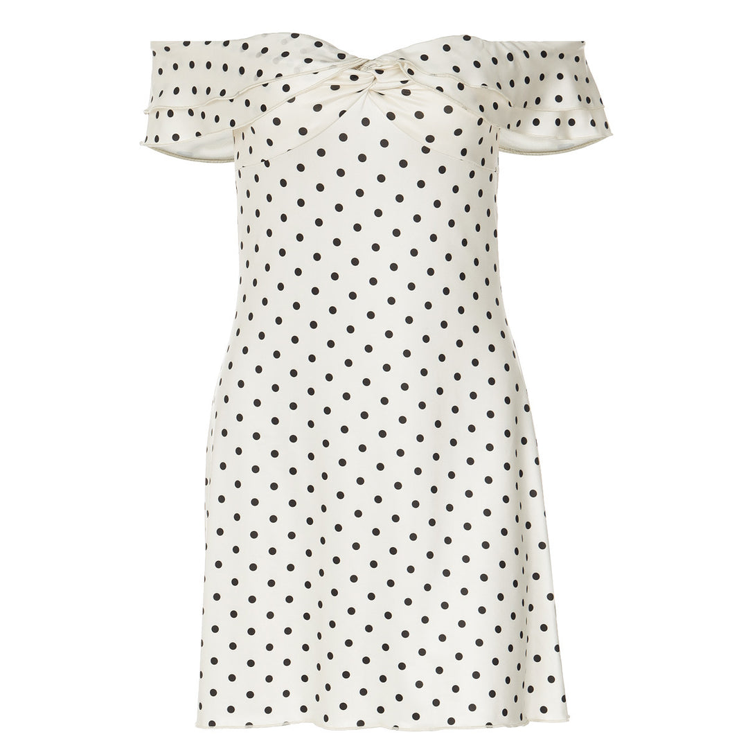 Damen Verspieltes Polka-Dot Cocktailkleid mit Schulterfreiem Design und Rüschendetails Drune