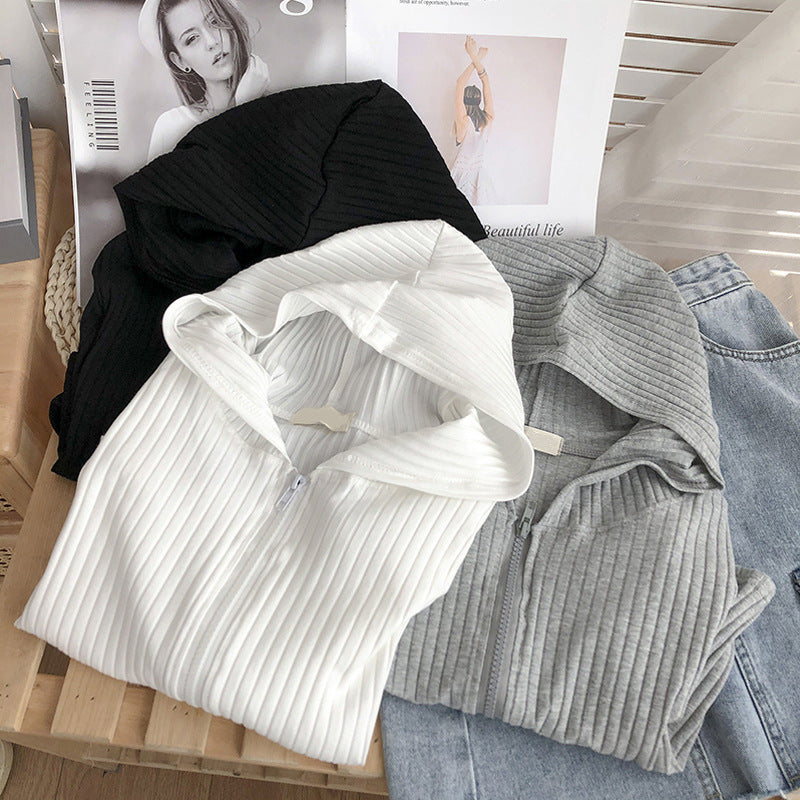 Damen Kurzarm Kapuzen Zip-Up Oberteil mit Ripptextur Drune