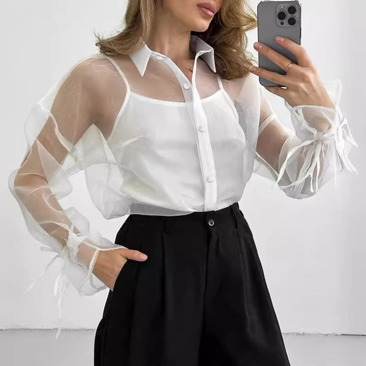 Damen transparente Bluse mit voluminösen Ärmeln und eleganten Bändchen Drune