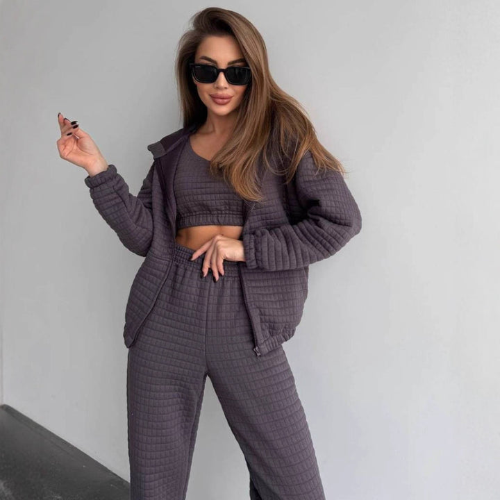 Damen gesteppter Quilt-Lounge-Zweiteiler aus Soft-Fleece mit Kapuzen-Zipjacke, High-Waist-Bundhose und Bustier-Top Drune