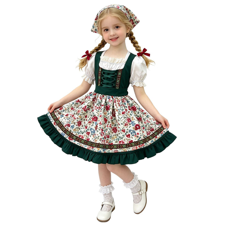 Damen nan traditionelles Kinderdirndl mit Schürze Haarband Spitzenbluse und Zierschnürung Drune