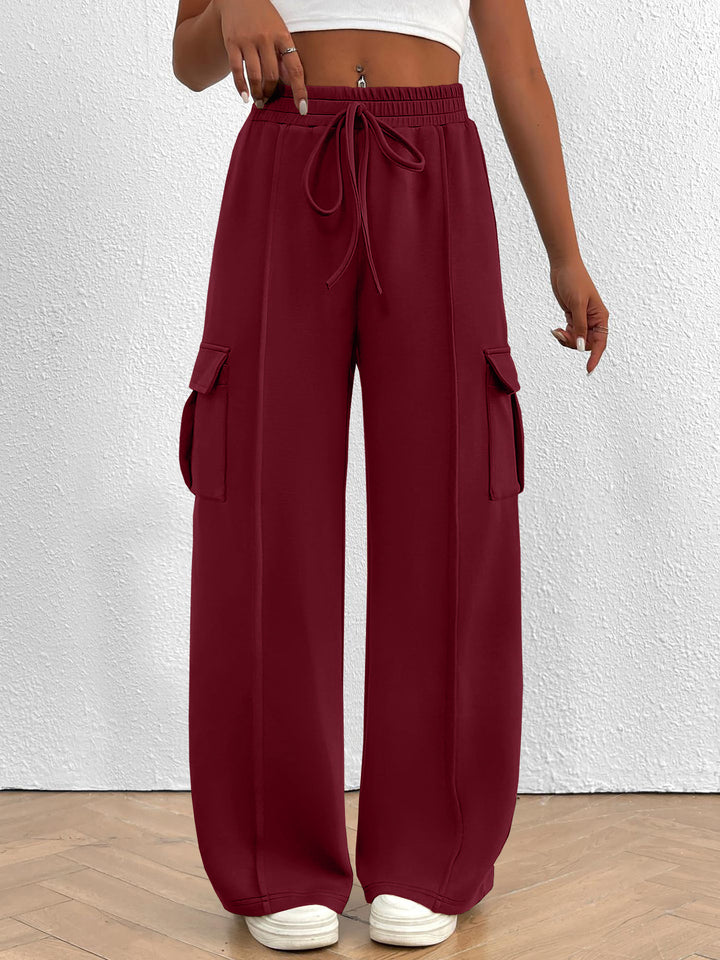 Damen Weite Cargo-Loungehose mit Tunnelzugbund und aufgesetzten Pattentaschen Drune