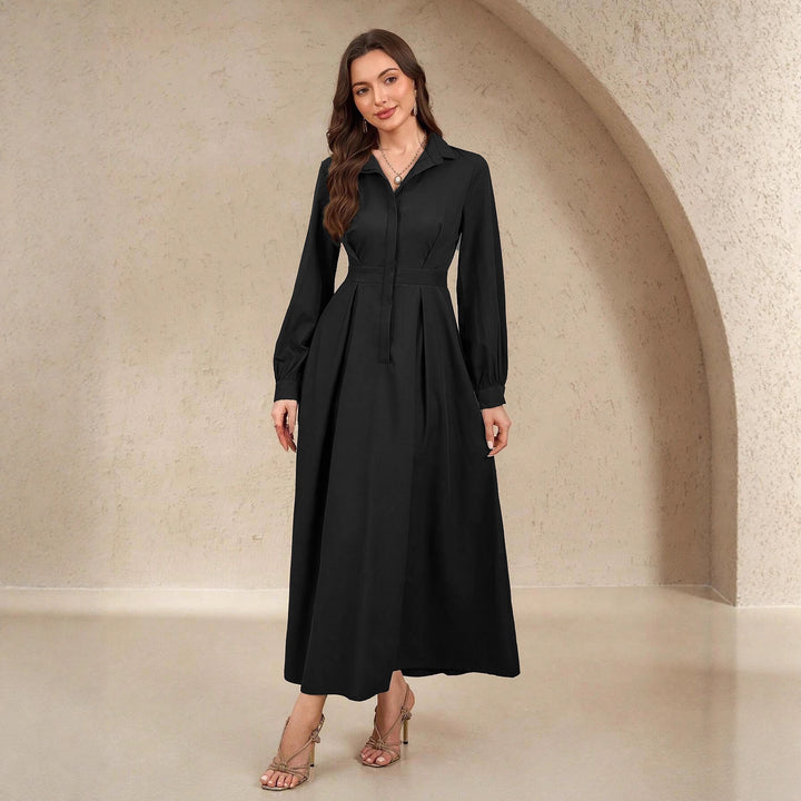 Damen Elegantes Hemdblusenkleid mit schwingendem Rock und praktischen Taschen Drune