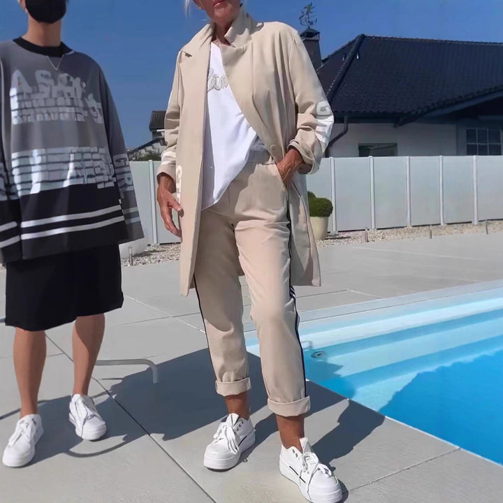 Damen lässiger Trenchcoat mit modischen Streifen und stylischem Schriftzug Drune