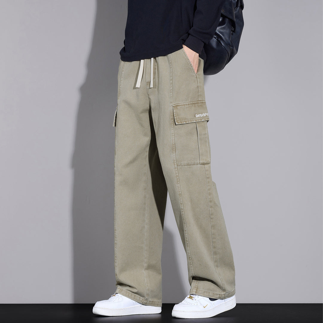 Herren Weite Cargo-Hose aus gewaschener Baumwolle mit Tunnelzug und Multifachtaschen Drune