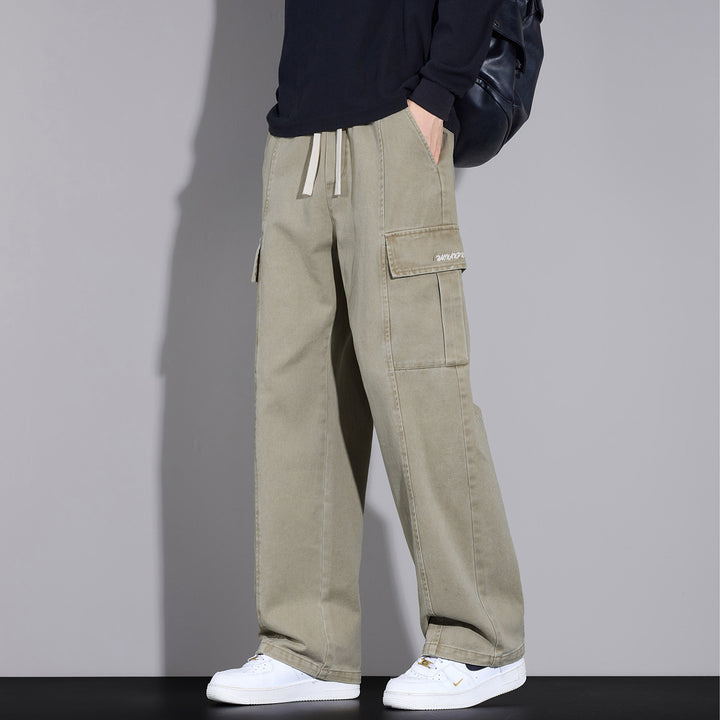Herren Weite Cargo-Hose aus gewaschener Baumwolle mit Tunnelzug und Multifachtaschen Drune