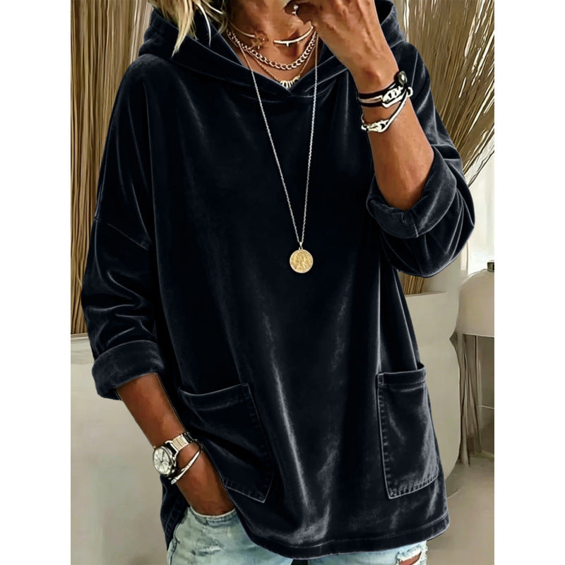 Damen Samt-Hoodie mit Kapuze, Oversize-Schnitt und aufgesetzten Taschen Drune
