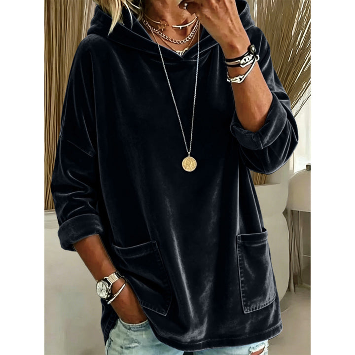 Damen Samt-Hoodie mit Kapuze, Oversize-Schnitt und aufgesetzten Taschen Drune