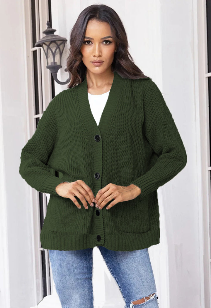 Damen modische Strickjacke mit durchgehendem Knopfverschluss und großen Taschen Drune