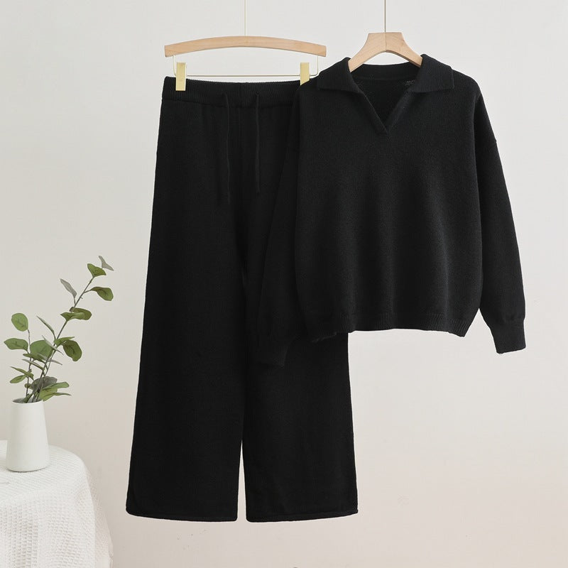 Damen gemütliches Strick-Loungewear-Set mit weit geschnittenem Pullover und Hose Drune