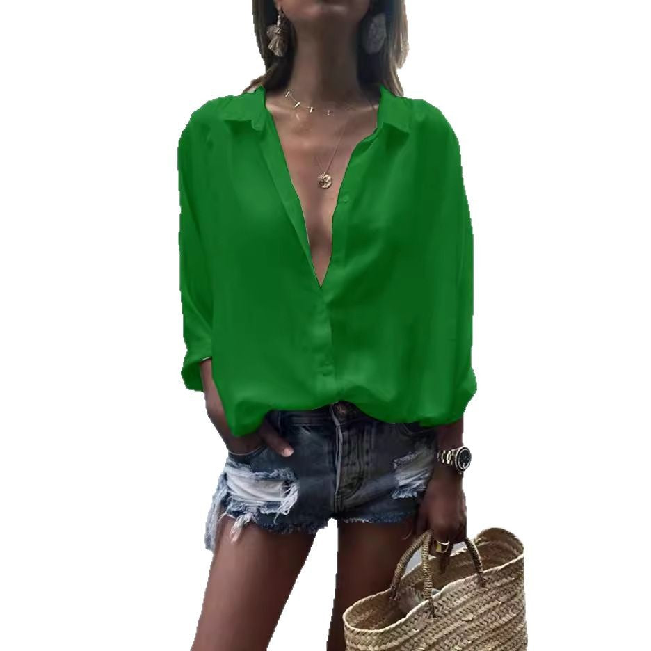 Damen lässige Chiffonbluse mit tiefem V-Ausschnitt und lockerer Passform Drune