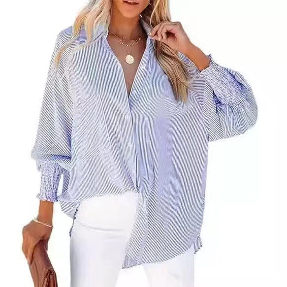 Damen Oversize-gestreifte Leinenoptik-Bluse mit Smokbündchen Drune