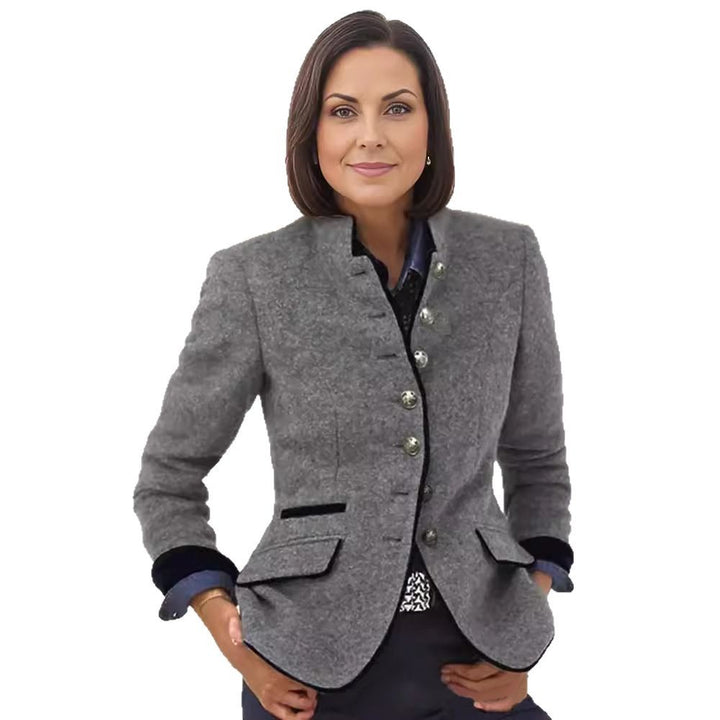 Damen Taillierter Walkblazer mit Stehkragen, Samtbesatz und Zierknöpfen Drune