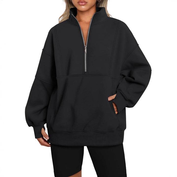 Damen Oversize-Sweatshirt mit halbem Reißverschluss, Stehkragen und Kängurutasche Drune