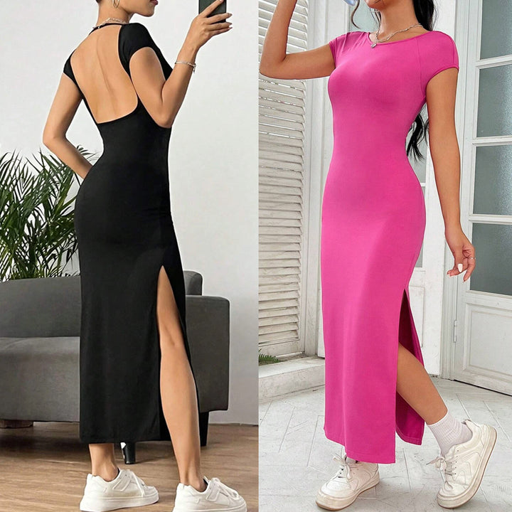 Damen figurbetontes Maxikleid mit seitlichem Schlitz und modernen Kurzärmeln Drune