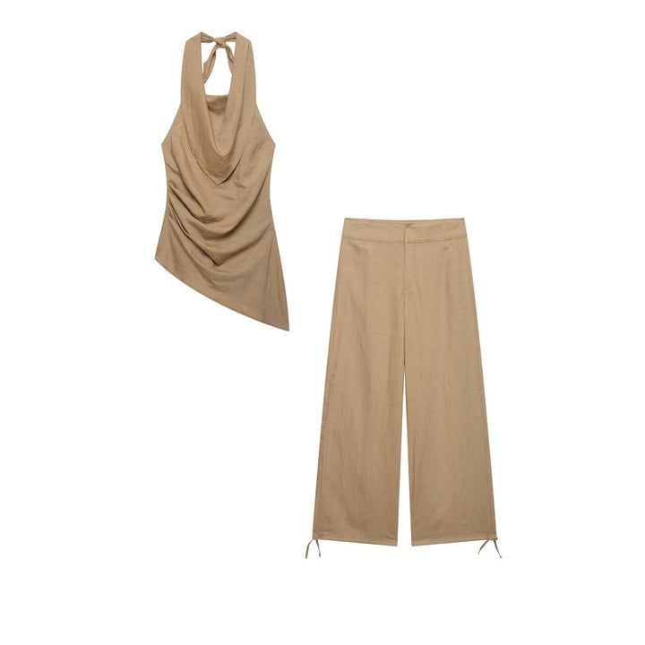 Damen Hochtaillierte Leinen-Mix Weite Hose mit Tunnelzug-Bund und Kordel-Saum Drune