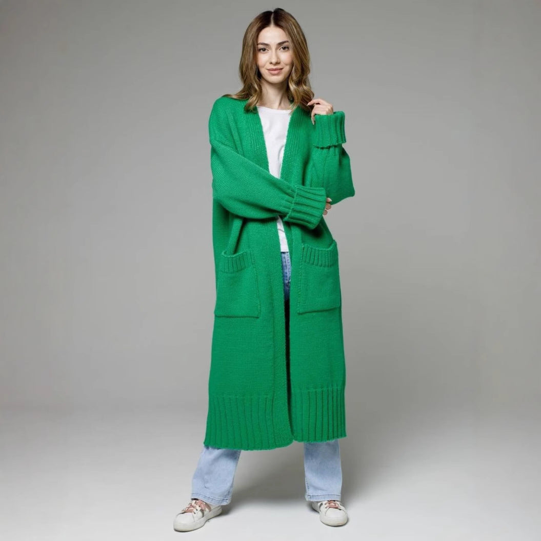 Damen bequemer langer Strickcardigan mit Taschen und breiten Ärmeln Drune