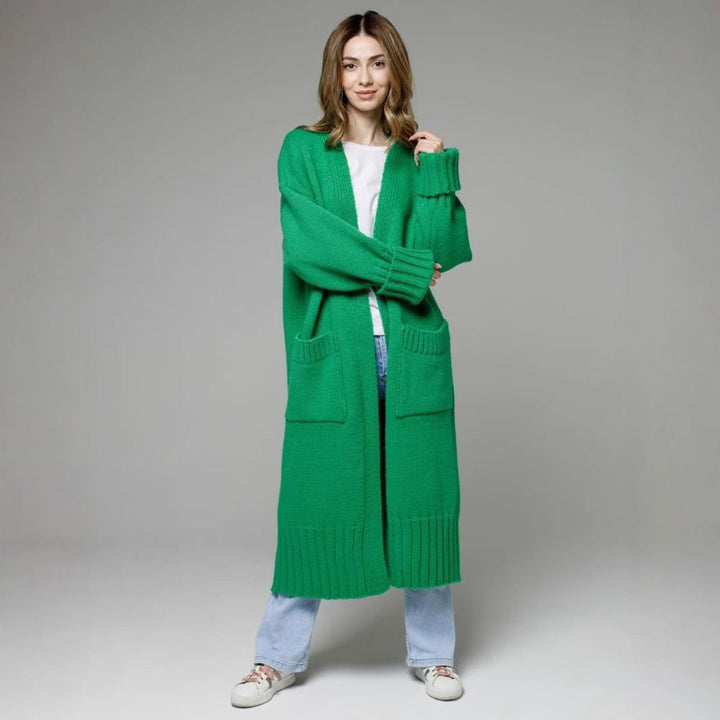 Damen bequemer langer Strickcardigan mit Taschen und breiten Ärmeln Drune