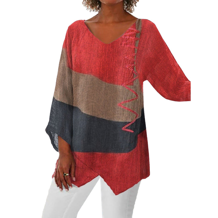 Frauen Casual A-Linien Leinenlook Tunika mit Farbblockstreifen und V-Ausschnitt Drune