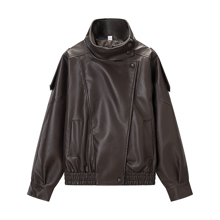 Damen nan oversized Kunstlederblouson mit hohem Stehkragen, asymmetrischer Druckknopfleiste und elastischem Saum Drune