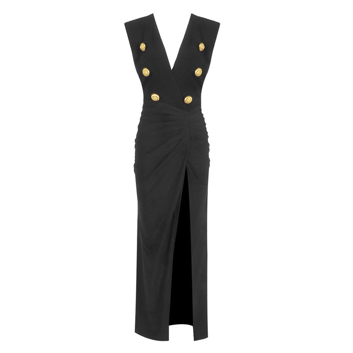 Damen Elegantes langes Kleid mit tiefem V-Ausschnitt und drapiertem Rock Drune