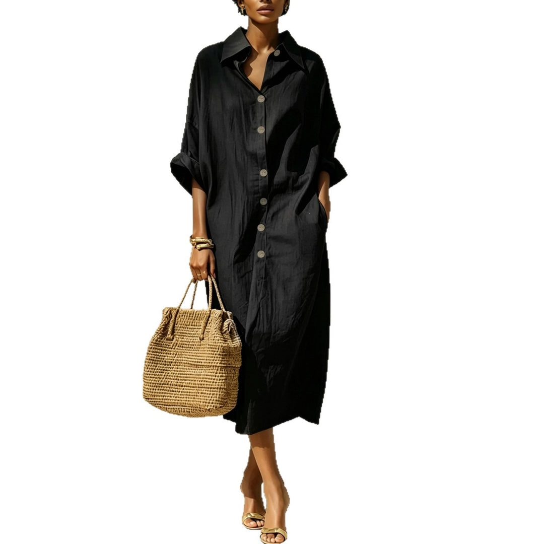 Damen Langes Oversize-Hemdblusenkleid mit Kentkragen und durchgehender Knopfleiste Drune