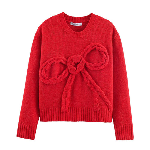 Damen Grobstrick-Pullover mit geflochtenem Schleifenapplikation Drune