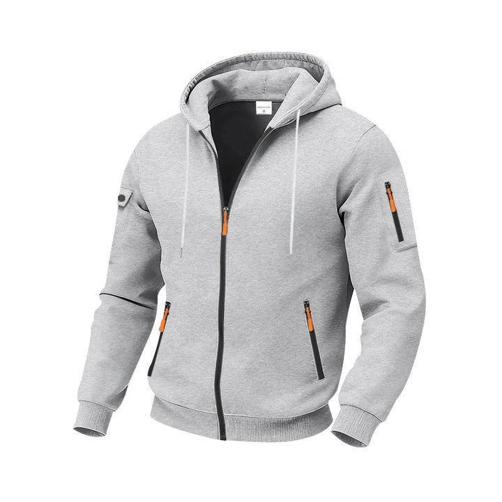 Herren nan technische Zip-Hoodiejacke mit wasserabweisenden Reißverschlusstaschen, Kapuze und verstärkten Ärmelpaspeln Drune