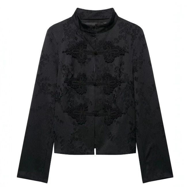 Damen Kurzjacke im Brokat-Look mit Stehkragen und Zierfroschverschlüssen Drune