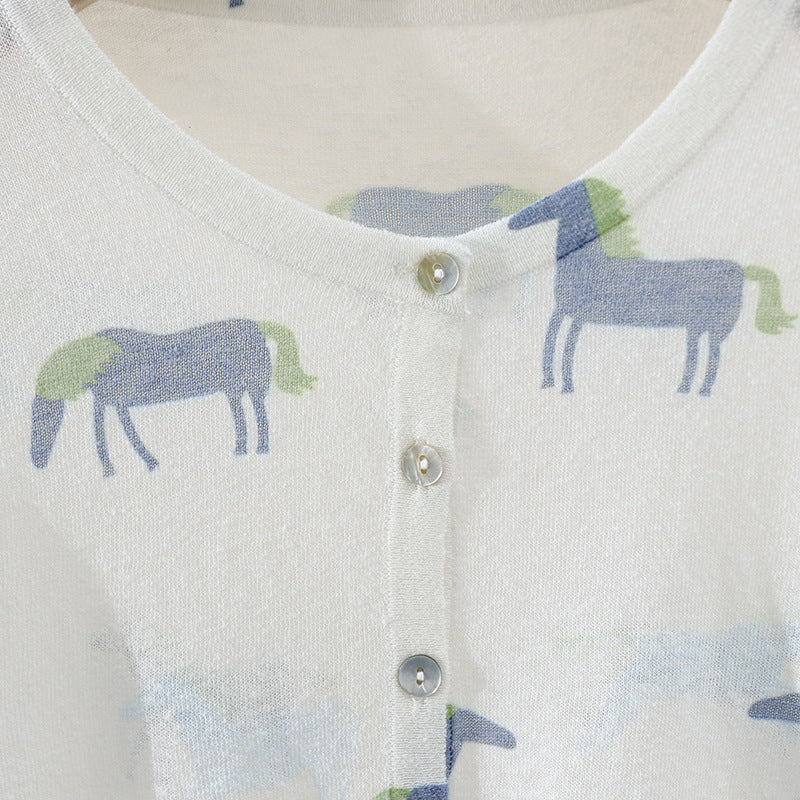 Damen Fein gestrickter Knopfcardigan mit Pferde-Print und Rundhalsausschnitt Drune