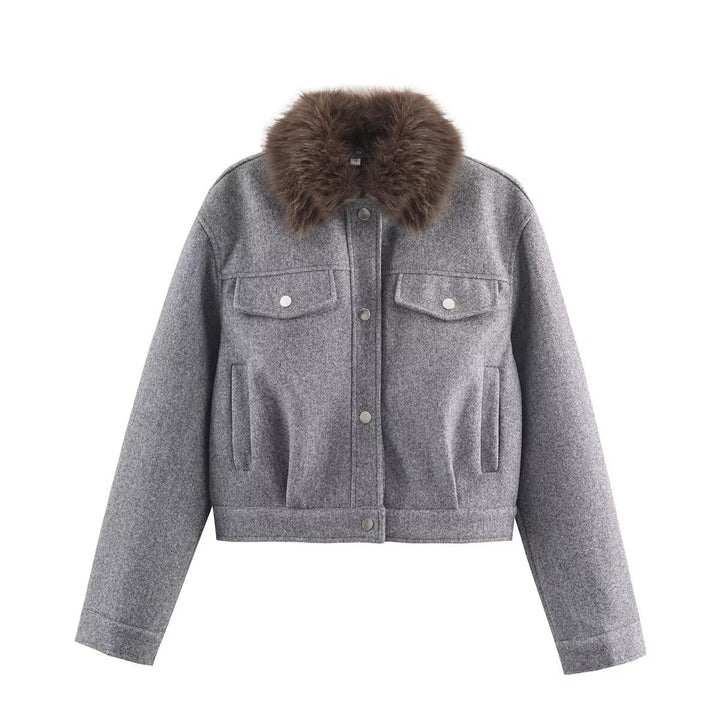 Damen Kurze Wolljacke mit voluminösem Fellkragen, Druckknopf‑Front und aufgesetzten Brusttaschen Drune