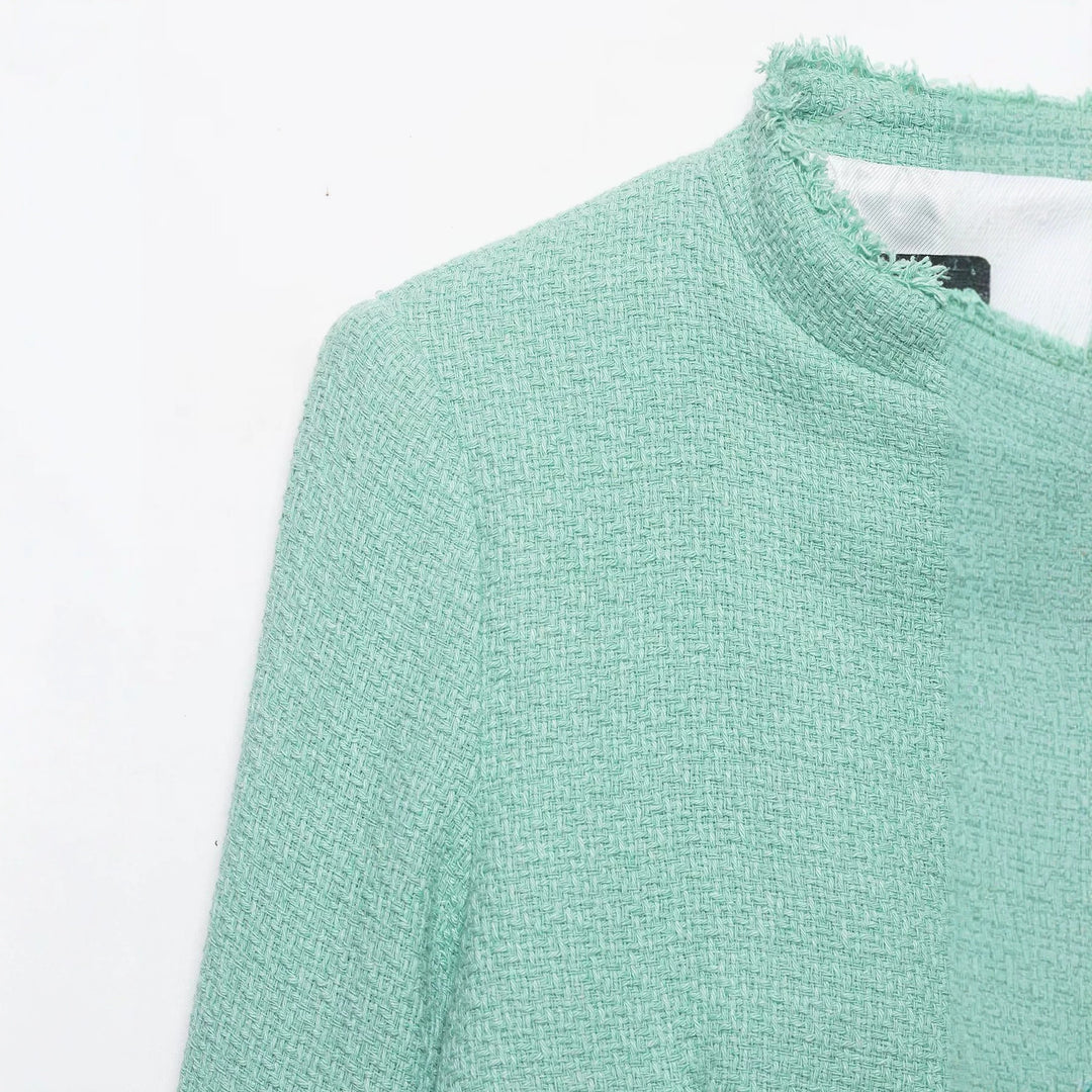 Damen Kurz geschnittene Bouclé-Tweedjacke mit Fransenbesatz und asymmetrischer Knopfleiste Drune