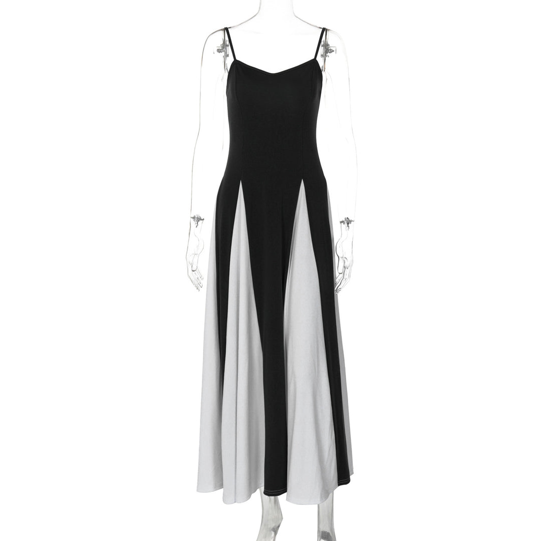 Damen Elegantes Maxikleid mit diagonalen Farbakzenten und schmalen Spaghettiträgern Drune
