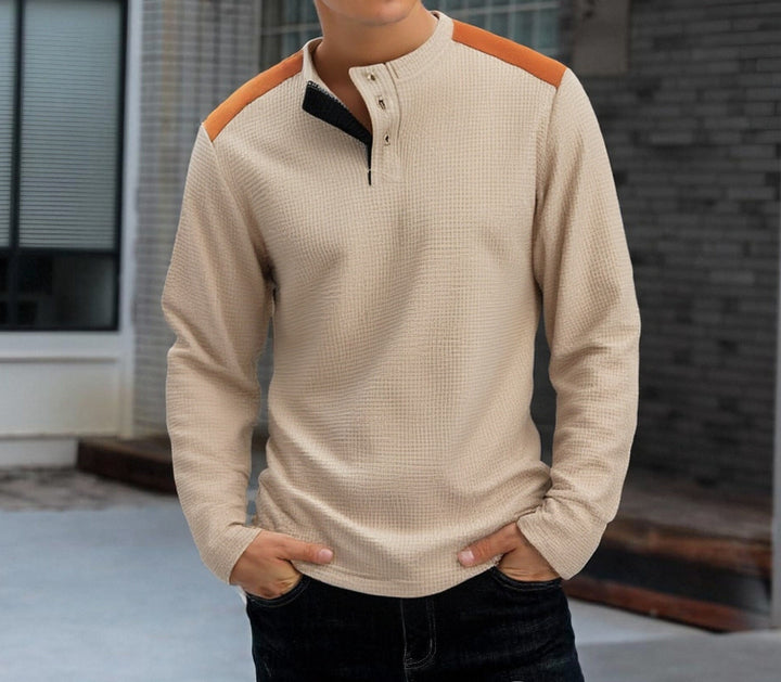 Herren strukturiertes Henley-Langarmshirt mit Stehkragen, Schulterpaspel und Waffelstruktur Drune